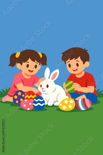 Easter Monday Children Playing with Bunny and Eggs