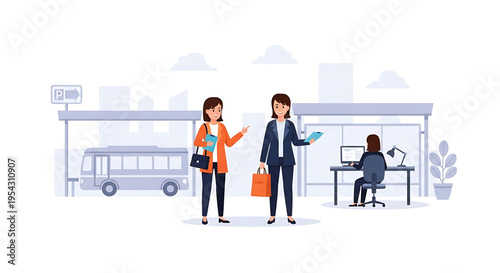 A vector graphic illustration of two businesswomen discussing travel plans at a bus station with a colleague working in the background.