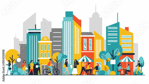 A stylized urban scene depicts people walking among buildings