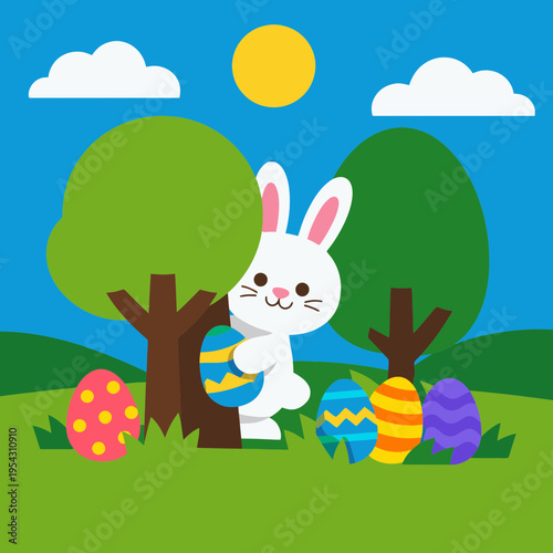 Easter Monday Bunny Hiding Eggs Behind Trees