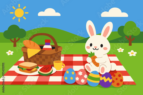 Easter Monday Picnic Scene with Bunny and Eggs