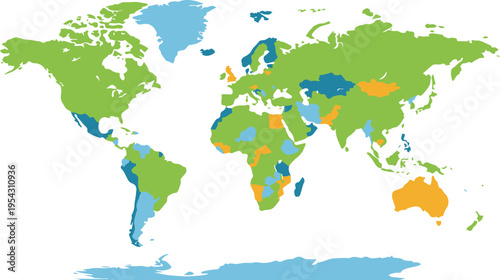 Vector world map illustration with countries in different colors, suitable for educational, infographic, and presentation use, EPS format.