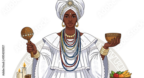 A vibrant illustration of a woman in traditional attire holding a shaker and bowl, surrounded by symbolic offerings.