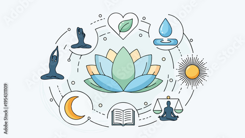 A vibrant illustrated diagram featuring elements of wellness and balance