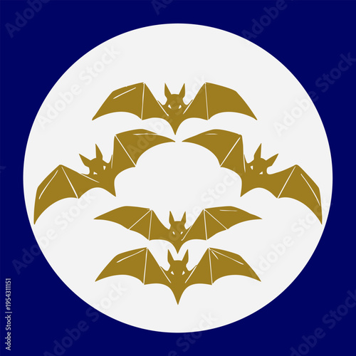 Gold Flying Bats on Full Moon Circle Illustration on Dark Blue Background