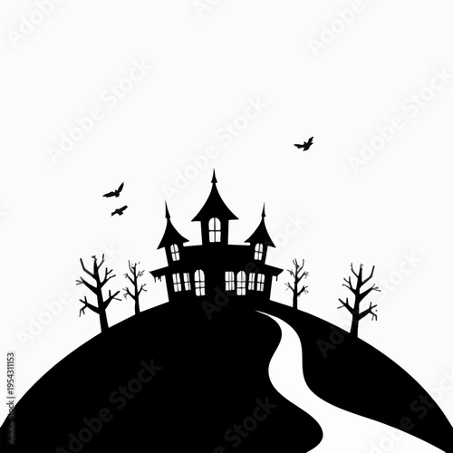 Haunted House on Hill Silhouette with Bats and Dead Trees Halloween Illustration
