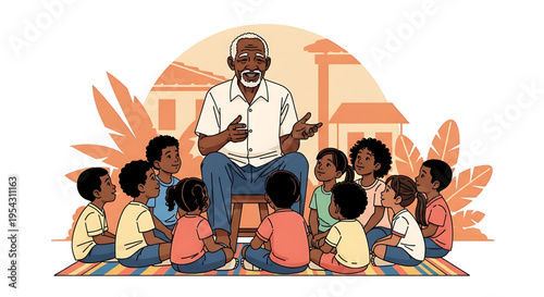 A diverse group of children sitting in a circle listening to an older man teach in a colorful outdoor setting.