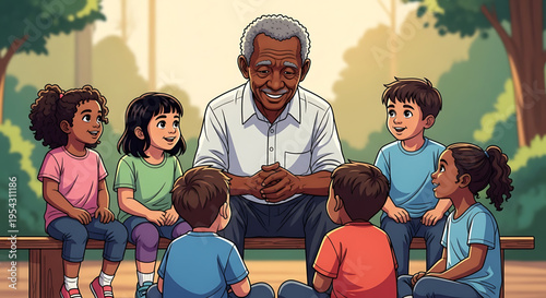 A smiling older man having a conversation with a group of diverse children sitting around him in a park.