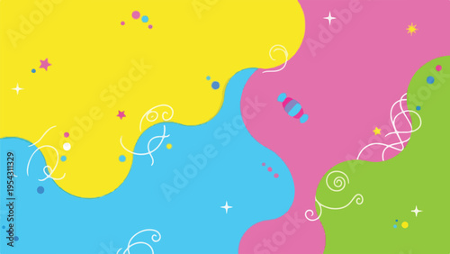 A vibrant abstract background with colorful, curvy shapes and whimsical details