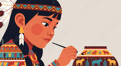 A Native American woman artistically painting a vibrant vase with traditional tribal designs in a modern vector illustration.