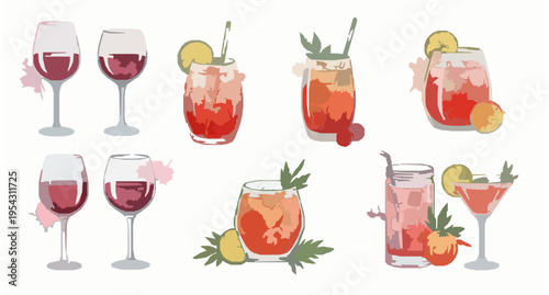 Watercolor Wine and Spritz Cocktail Set Premium Alcohol Drink Vector Illustration