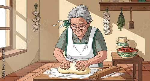 An elderly woman kneading dough in a traditional kitchen with a warm atmosphere