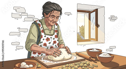 An elderly woman kneading dough on a kitchen counter in a vector illustration
