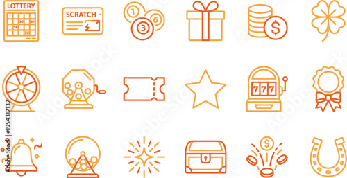 Collection of orange and red line icons representing various concepts of gambling and winning opportunities.