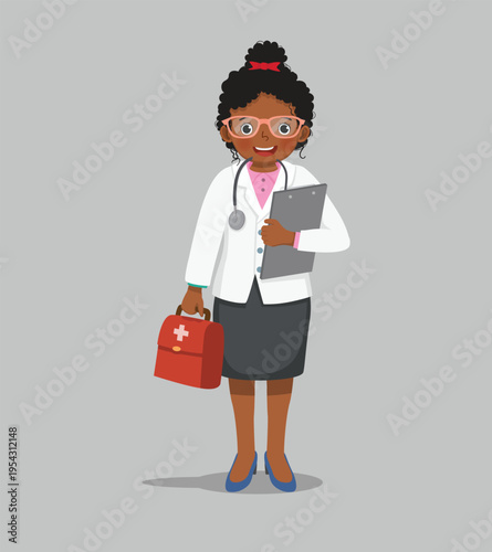 Little African girl wears doctor uniform holding clipboard and medical bag