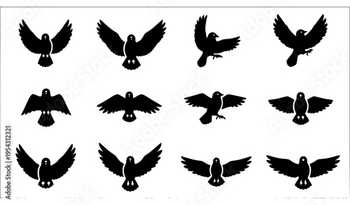 Bird wing movement icon pack with flapping stages and flight position sequence in black silhouette vector