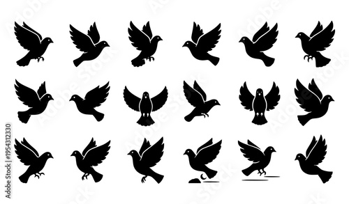 Dove and peace symbol icon pack with flying bird silhouettes representing hope freedom and harmony vector