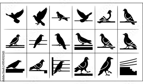 Urban bird icon pack with pigeons and crows on wires rooftops and city environments silhouette vector