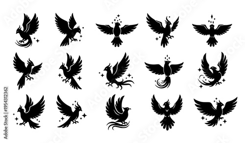 Mythical bird icon pack with magical sparkles trails and fantasy flying silhouettes vector