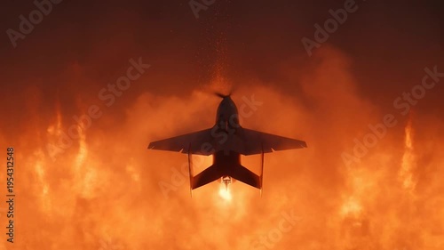 Unmanned combat aerial vehicle flying into a fiery explosion with smoke and flames during a dramatic war mission