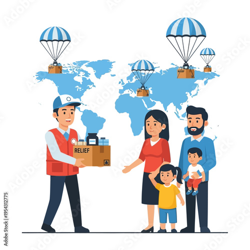 Humanitarian aid delivery by parachute to family on world map background