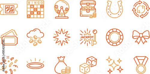Collection of orange line art icons representing gambling, lottery, casino, and winning concepts