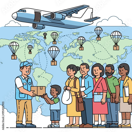 Global delivery service: airplane drops packages via parachute to diverse people receiving aid