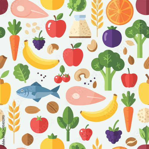 A vibrant, seamless pattern featuring an array of wholesome foods