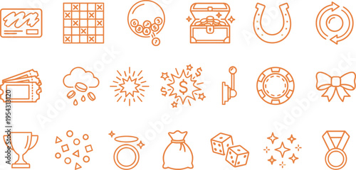 Outline icons in gradient orange and yellow, illustrating various concepts of luck, gaming, and rewards.