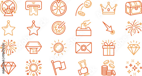 Collection of orange line icons representing luck games prizes rewards and celebration concepts