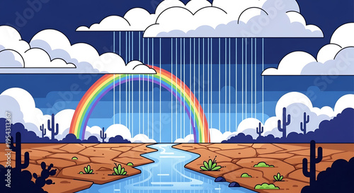 A vibrant rainbow appears in a desert landscape after a refreshing rainstorm