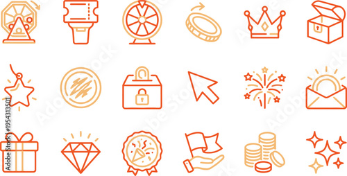 A set of orange and yellow line icons representing lottery, reward, casino, and prize concepts.