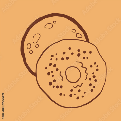 Vector illustration of two round bagels or donuts featuring seeds and hand drawn texture. Brown line art icon of traditional pastry for coffee shop branding and bakery breakfast menus