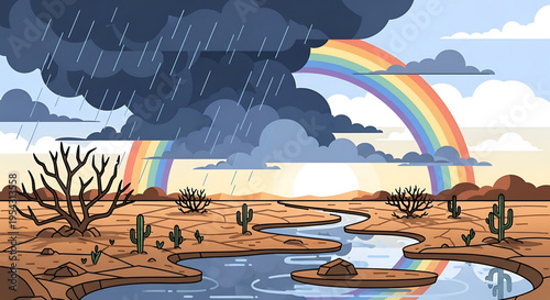 A vibrant desert landscape with a rainbow appearing in the sky after a rainstorm, featuring a winding stream and cacti.