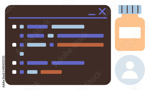Digital health, programming, coding interfaces, medical software, health informatics, pharmaceutical tech. Code window, medication bottle and user profile icon. Digital health and programming