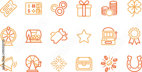 Diverse set of gambling, casino, and lottery outline icons, featuring tickets, coins, prizes, and luck symbols.