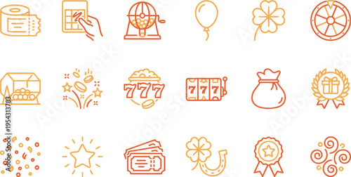 Collection of orange and yellow line icons representing luck, gambling, lottery, and casino games elements.