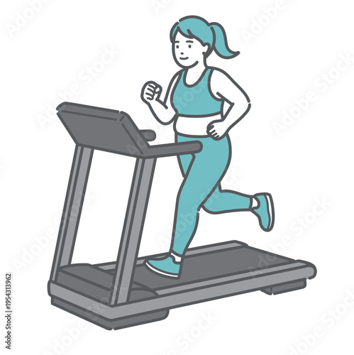 トレッドミルで笑顔でランニングをするぽっちゃり女性のイラスト