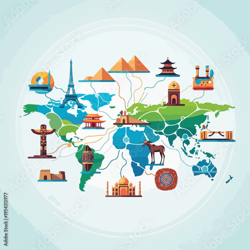 A vibrant world map illustration showcasing global landmarks and monuments