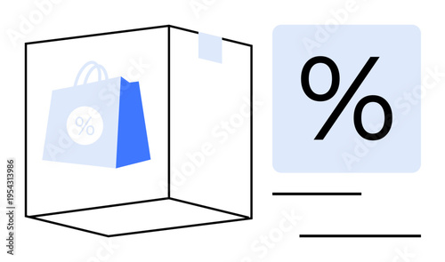 E-commerce, online sales, promotions, shipping, delivery, retail discounts. A cube with a shopping bag and percentage sign. E-commerce and online sales through clean shapes