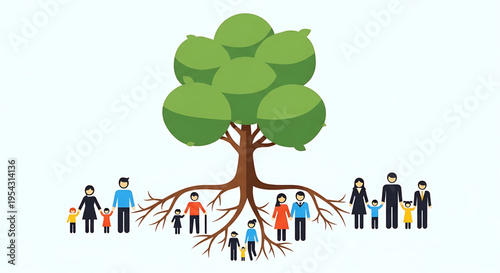 A vector graphic illustration of diverse families standing around the roots of a large tree, symbolizing unity and connection.