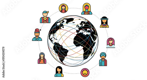 A colorful vector graphic illustration of diverse people from around the world connected by lines around a globe