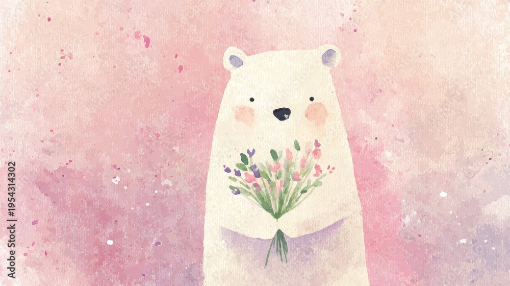 Fototapeta premium Cute polar bear holding bouquet of flowers with pink background, watercolor style illustration for greeting card, decoration, celebration or children book art.