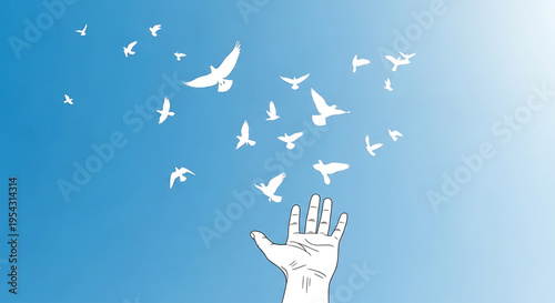 A minimalist vector illustration of a hand releasing a flock of white birds into a clear blue sky