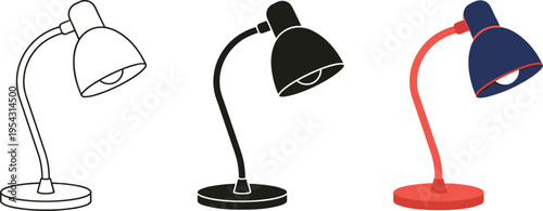 Modern desk lamp vector set, adjustable table light designs, minimalist office lighting illustration collection, black white and colorful styles for workspace