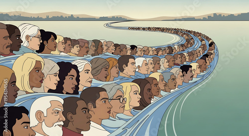 A diverse crowd of people flowing together in a winding river of unity and togetherness