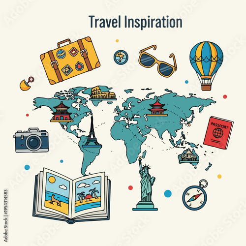 A world map featuring travel elements like camera, book, and passport