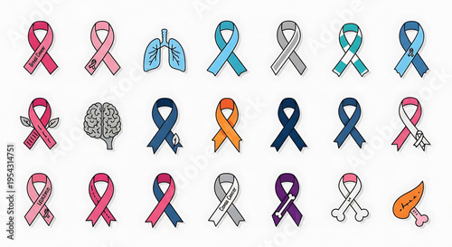 A collection of colorful awareness ribbons and medical symbols in a flat vector graphic design