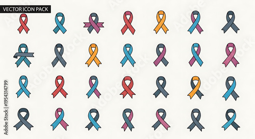A collection of colorful awareness ribbons in various designs and patterns for use in health and social causes