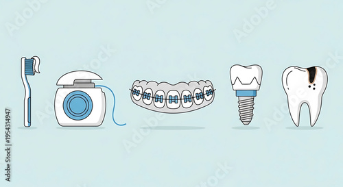 A vector graphic illustration of dental care and hygiene icons including a toothbrush, floss, braces, dental implant, and tooth